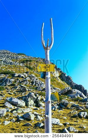 Bansko, Bulgaria - September 2, 2018: Sinanishko Lake Pointer Signboard, National Park.