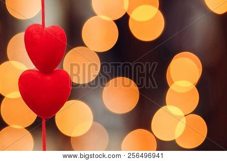 Two Red Hearts, Close-up Bokeh Evening Calm Tender Background For Lovers