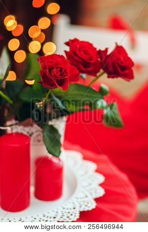 Red Roses On The Table, Wedding Romantic Evening Decor For Lovers