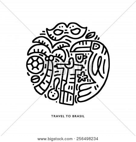 Hand Drawn Illustration With Symbols Of Brasil Made In Doodle Style. Round Concept Vector Drawing.