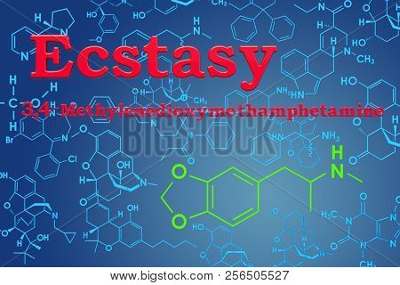 Ecstasy 3,4-methyl​enedioxy​methamphetamine (mdma). Chemical Formula, Molecular Structure. 3d Render