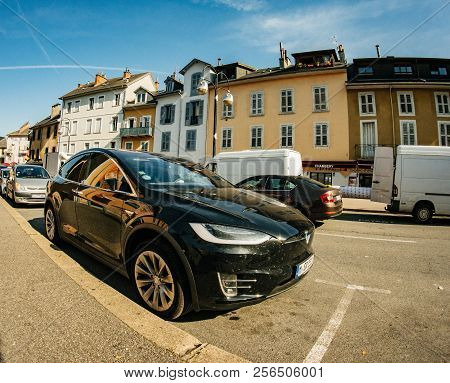 Chambery, France - Circa 2018: Front View Of Luxury Tesla Model X Electric Car Suv Parked On French 