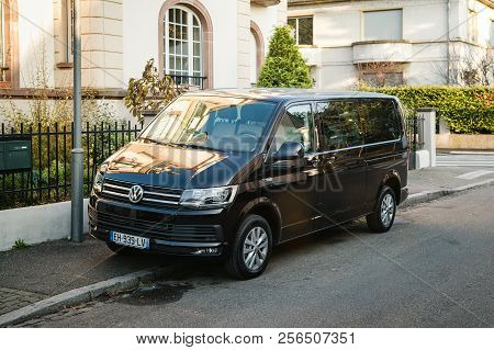Strasbourg, France - Dec 19, 2016: Luxury Black Volkswagen Van View From The Fron Parked On French S