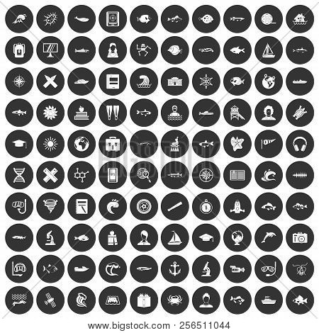 100 Oceanologist Icons Set In Simple Style White On Black Circle Color Isolated On White Background 