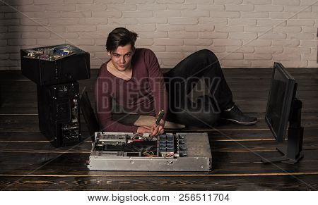 Printer Refill, Repairman Or Smiling Man Fix System Unit Of Computer Device With Screwdriver Make Ha