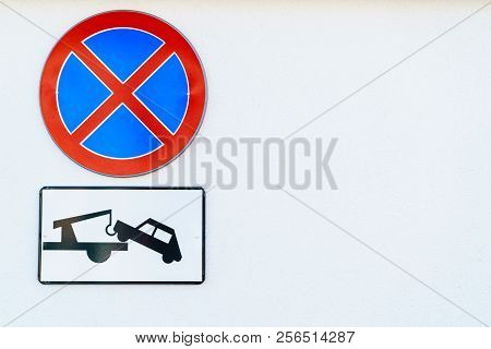 No Stopping Clearway Car Tow Warning Sign On Isolated White Background. Traffic Regulations Concept