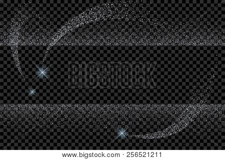 Silver Glitter Confetti And Glitter Star. Glittering Star Dust Trail Sparkling Particles On Transpar