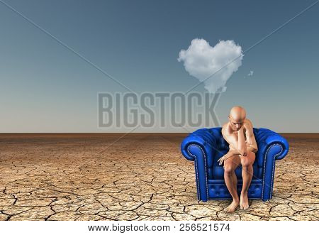 Man contemplates in desert with heart shaped cloud. 3D rendering