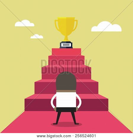 African Businessman Standing In Front Of Stair That Leads The Trophy, Shortcut To Success
