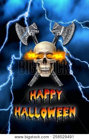 Halloween Photo Of A Skull With Fire Coming Out Of Its Eyes And Crossed Pirate Hatchets Behind The S