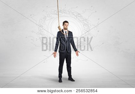 Burnout young elegant businessman trying to suicide with doodle concept
