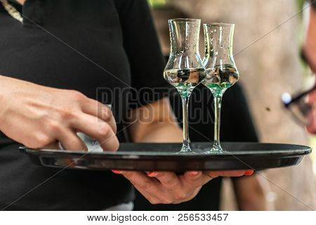 Two Glasses Of Liquor Or Grappa On A Plate Served In A German Biergarten Of A Vineyard