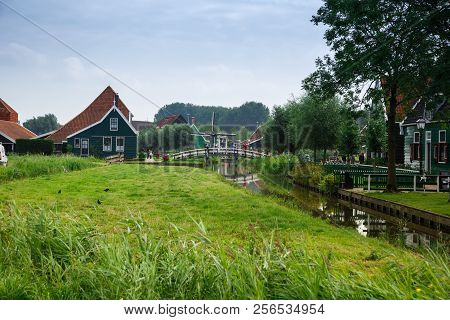 Zaanse Schans, Netherlands, August 19, 2015 - Traditional, Authentic Dutch Houses And Bridge At The 