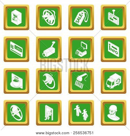 Shop Navigation Foods Icons Set Green Square Isolated On White Background