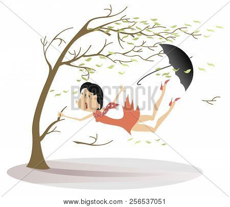 Strong Wind, Umbrella And Woman Snatches Up A Tree Illustration. Strong Wind, Flying Leaves And A Wo