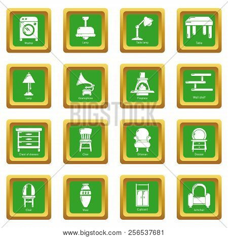 Interior Furniture Icons Set Green Square Isolated On White Background