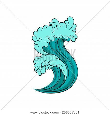 Vector Illustration Of High Sea Tide. Bright Blue Ocean Wave With Black Contour. Marine Theme