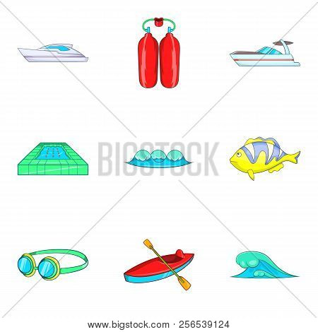 Aquatory Icons Set. Cartoon Set Of 9 Aquatory Icons For Web Isolated On White Background
