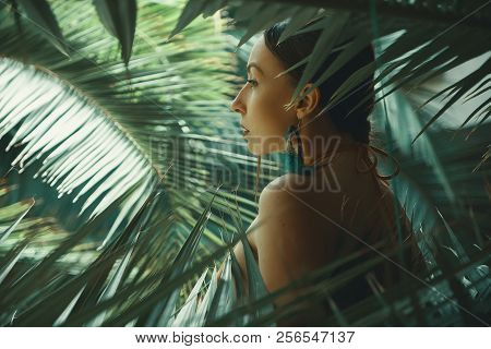 Portrait Exotic Woman Among Tropical Plants, Fashion, Beauty, Co