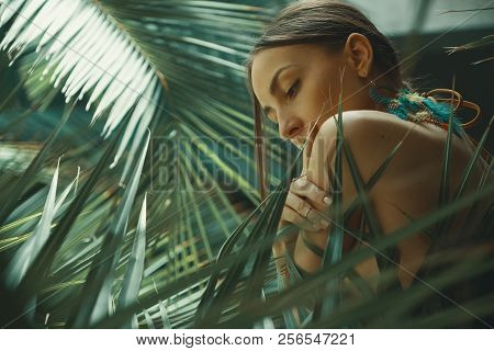 Portrait Exotic Woman Among Tropical Plants, Fashion, Beauty, Co