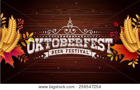 Oktoberfest Banner Illustration With Typography Lettering On Vintage Wood Background. Vector Traditi