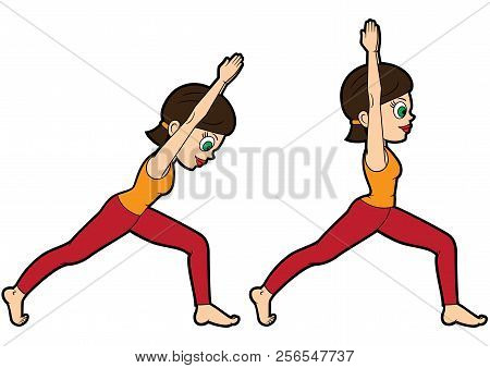 Illustration Cartoon Girl Doing Virabhadrasana I. Two Variations