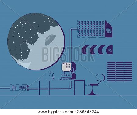 Researcher Room On Space Station. Porthole With View Of Planet With Craters. Armchair And Table With