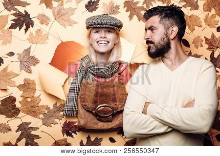 Happy Loving Couple. Autumn Woman And Young Man. Digital Advertising. Romance Romantic. Space For Yo