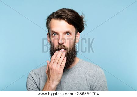 Omg Unbelievable Shock Amazement. Dumbfounded Man With Open Mouth. Portrait Of A Young Bearded Guy O