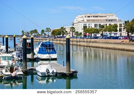 Ayamonte, Spain - June 11, 2017 - Motor Boats Moored In The Marina (puerto Ayamonte) With Town Build