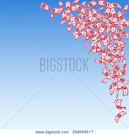 British Pound Notes Falling. Small Gbp Bills On Blue Sky Background. United Kingdom Money. Beauteous