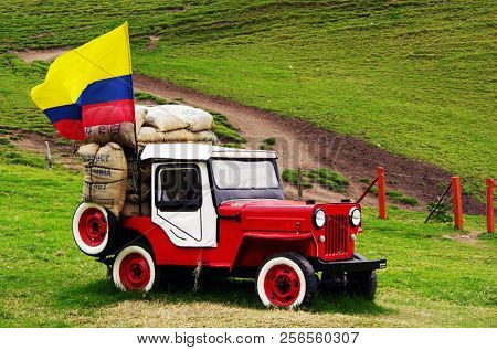 SALENTO, COCORA VALLEY, AUGUST 17, 2018: Jeep Willys on Cocora valley in Cordiliera Central, Salento, Colombia, South America