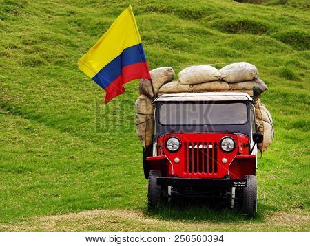 SALENTO, COCORA VALLEY, AUGUST 17, 2018: Jeep Willys on Cocora valley in Cordiliera Central, Salento, Colombia, South America