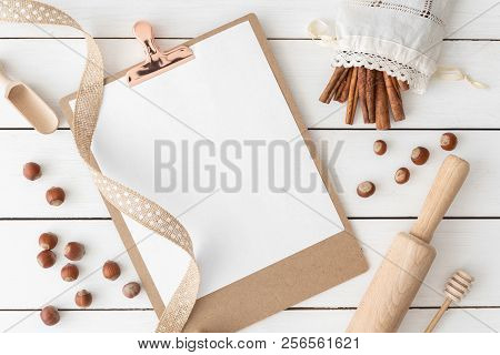 Recipe Clipboard. Baking Ingredients For Pastry On The White Table. Flat Lay, Top View With Copy Spa