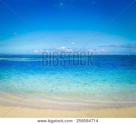 Sandy tropical Wolmar beach at sunny day. Beautiful landscape. Mauritius