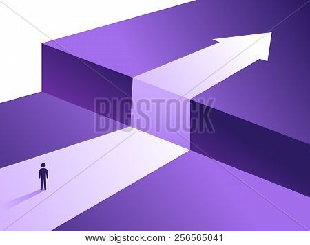 Business Challenge And Solution Vector Concept With Person Standing Over Big Cliff. Symbol Of Overco