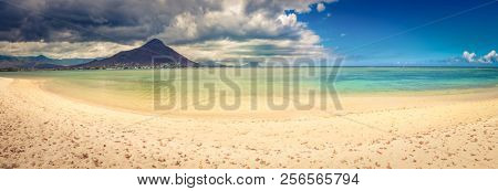 Sandy tropical Wolmar beach at sunny day. Beautiful landscape. Panorama. Mauritius