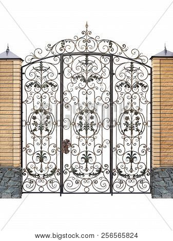Forged Fence And Doors With Decor.  Isolated Over White Background.