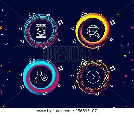 Set Of Edit User, Internet And Washing Machine Icons. Forward Sign. Profile Data, World Web, Laundry