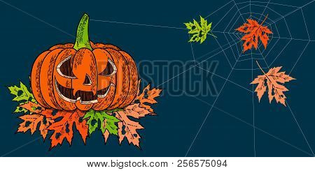 Halloween. 31 October. The Concept Of A Holiday. A Pumpkin With A Carved Terrible Face, Autumn Leave