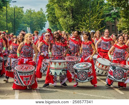 Notting Hill Carnival, London. August 27 2018. A View Of Some Of The Groups Of Drummers At Notting H