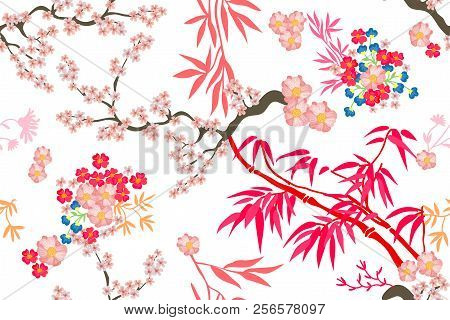 Seamless Vector Pattern With Bambo And Flowers Inspired By Oriental Art. On Contrast Background.