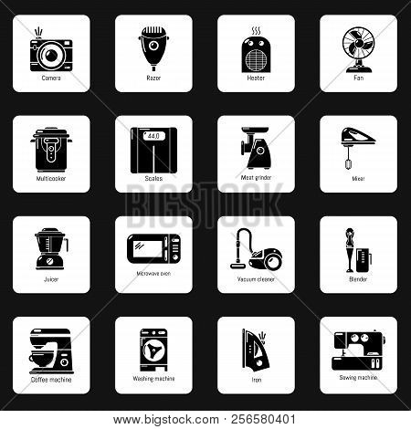 Domestic Appliances Icons Set. Simple Illustration Of 16 Domestic Appliances Icons For Web