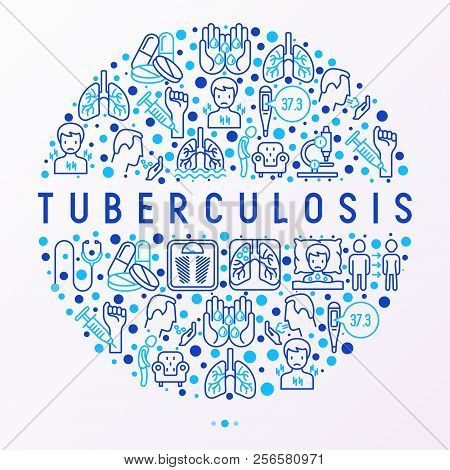 Tuberculosis Concept In Circle With Thin Line Icons: Infection In Lungs, X-ray Image, Dry Cough, Pai