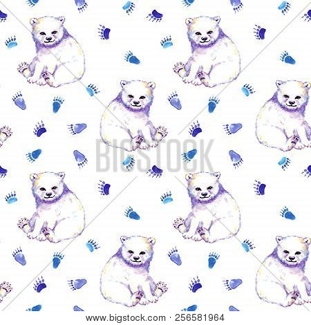 White Bear, Foot Prints. Seamless Animals Pattern. Watercolor