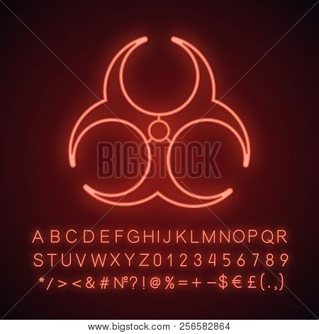 Biohazard Danger Neon Light Icon. Bio Hazard Caution. Glowing Sign With Alphabet, Numbers And Symbol