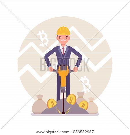 Bitcoin Minig Man Business. Young Businessman With Jackhammer Creating, Discovering Bitcoin Currency