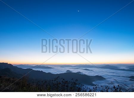 Beautiful Natural Landscape Sea Fog With The First Morning Sun Bright Mountain