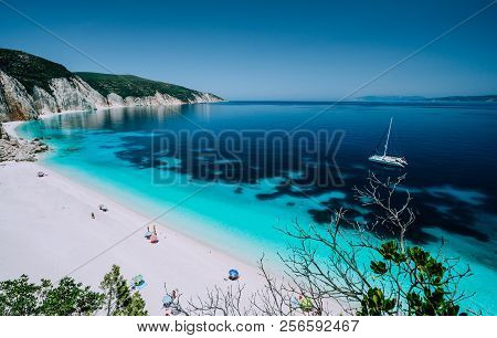 Panoramic View To Remote Beach Wiht Lonely White Catamaran Yacht Drift In Clear Blue Caribbean Like 