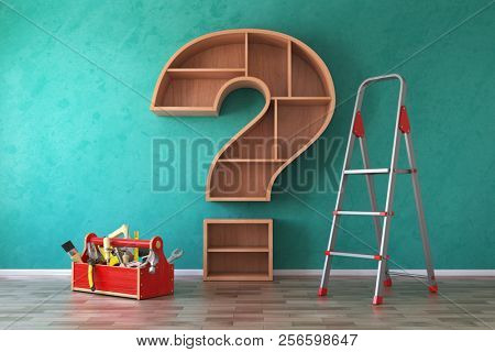 Toolbox with tools, ladder and bookshelf in form of question mark. Renovation, construction and improvement FAQ concept. 3d illustration